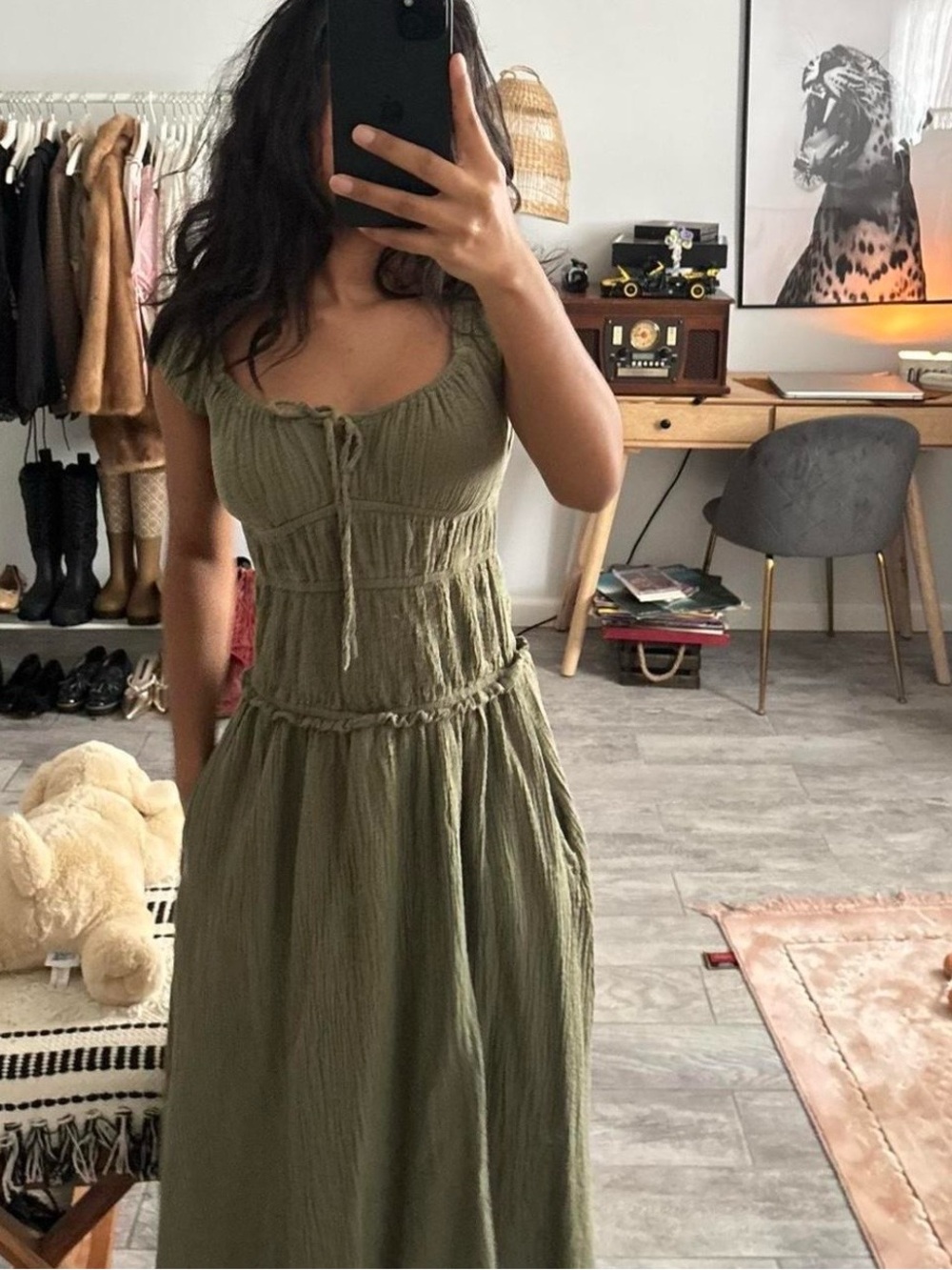Olive Green Smocked Maxi Dress - Women